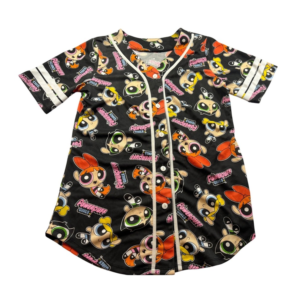 Cartoon Network Powerpuff Baseball Jersey Youth Teens XL Black Y2K Anime Cosplay